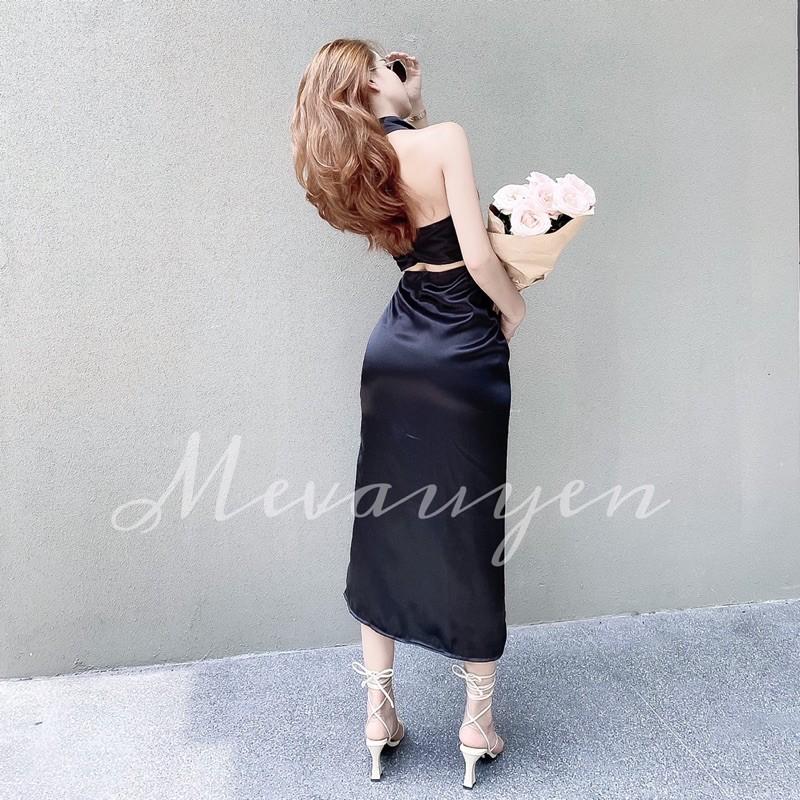 Set lụa cổ yếm cùng chân váy rút xẻ cao