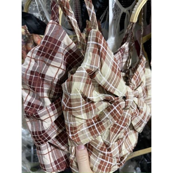 Áo 2 dây nơ hoạ tiết kẻ caro croptop dễ thương hàng QC