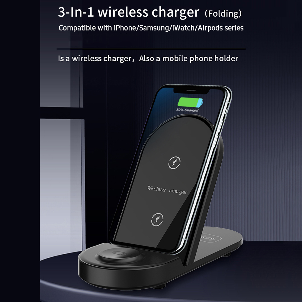 Bộ Sạc Không Dây 3 Trong 1 X416 Có Giá Đỡ Điện Thoại Có Thể Gập Lại Cho IPhone / Samsung / Iwatch / AIRpods, Màu Xám