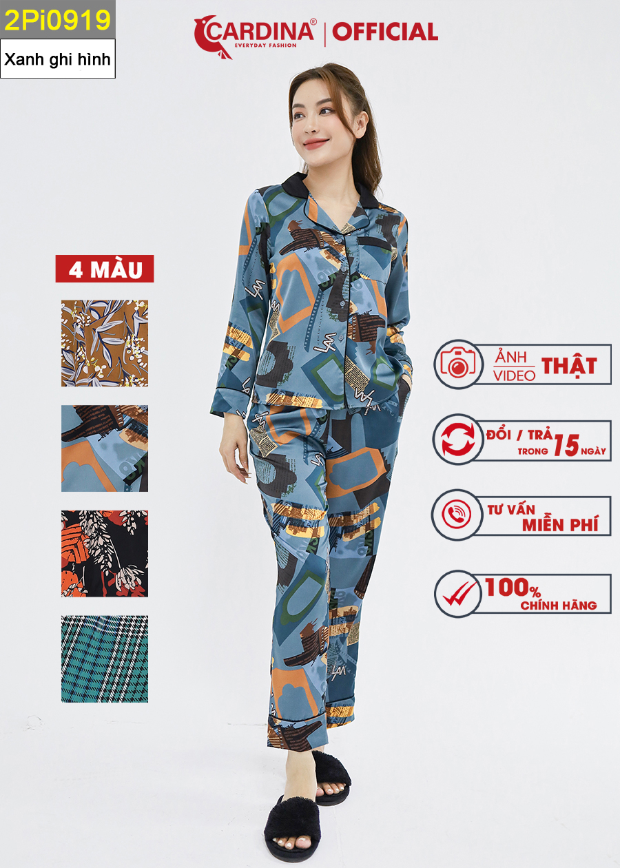 Đồ Bộ Nữ CARDINA Pijama Chất Lụa Satin Nhật Cao Cấp Quần Dài Áo Tay Lỡ Họa Tiết 2Pi09