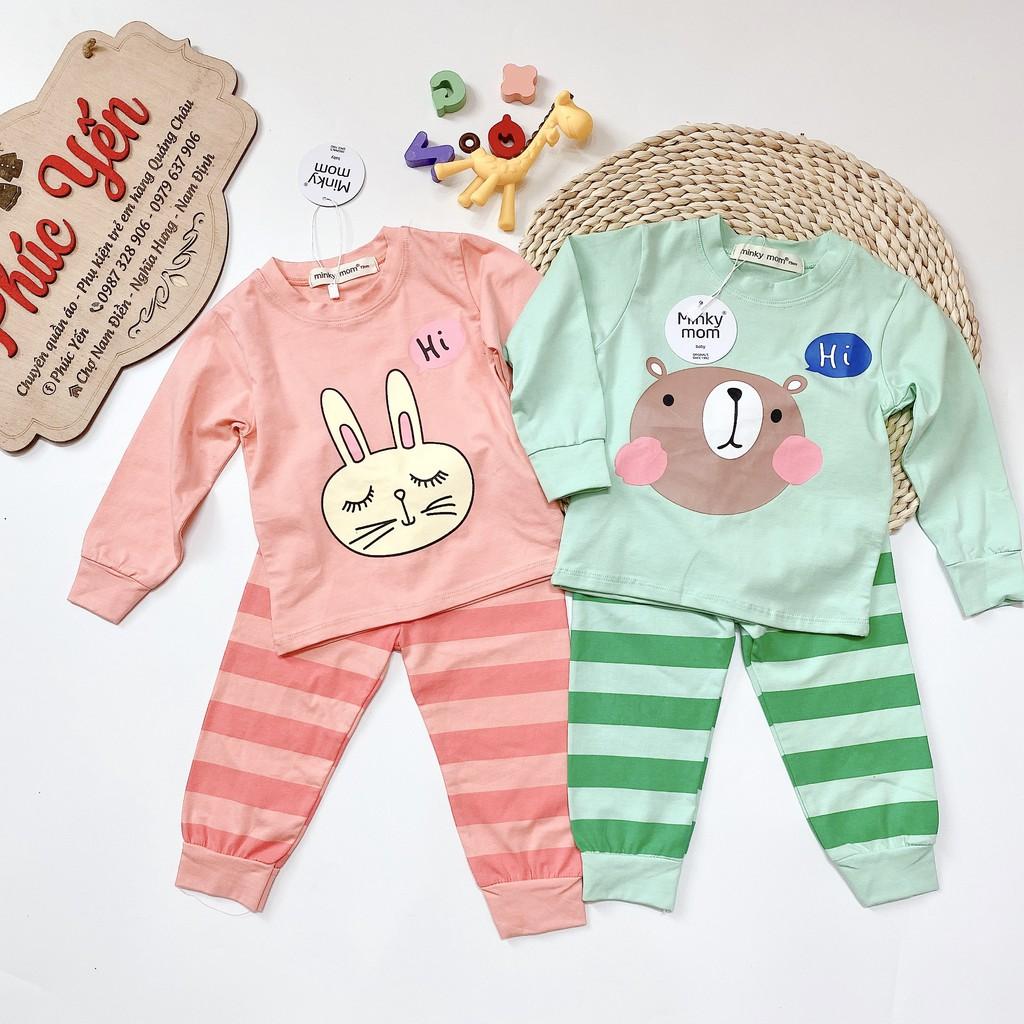 Bộ Dài Tay Minky Mom Cotton 100 % Họa Tiết Động Vật Gấu Nâu Xanh-Quần Kẻ Cho Bé (7-19kg) (1309