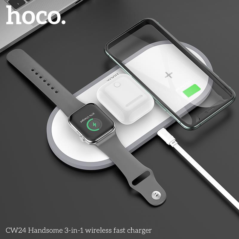 Đế sạc Hoco CW24 nhanh không dây 10W 3 IN 1 - dock sạc không dây Qi cho iphone samsung andoird tai nghe thông minh - hàng chính hãng