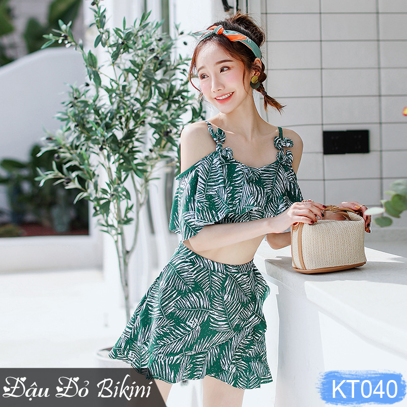 Bộ bơi 2 mảnh nữ áo bèo sen nữ tính, áo tắm bikini quần váy điệu đà, chất thun bơi lạnh cao cấp Lycra dày dặn mịn mát, phom chuẩn đẹp | KT040