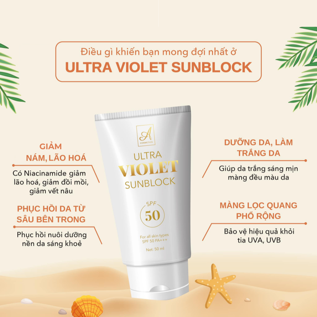 Kem Chống Nắng Ultra Violet Sunblock Acosmetics SPF50+ 50ml, Dưỡng Trắng Da, Mờ Đốm Thâm