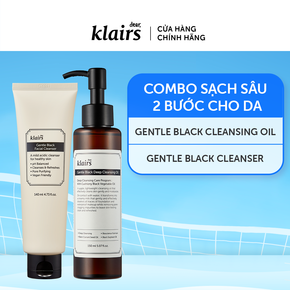 Combo Dear, Klairs Dầu tẩy trang Gentle Black Deep Cleansing Oil 150ml + Dear, Klairs Sữa rửa mặt Gentle Black 140ml