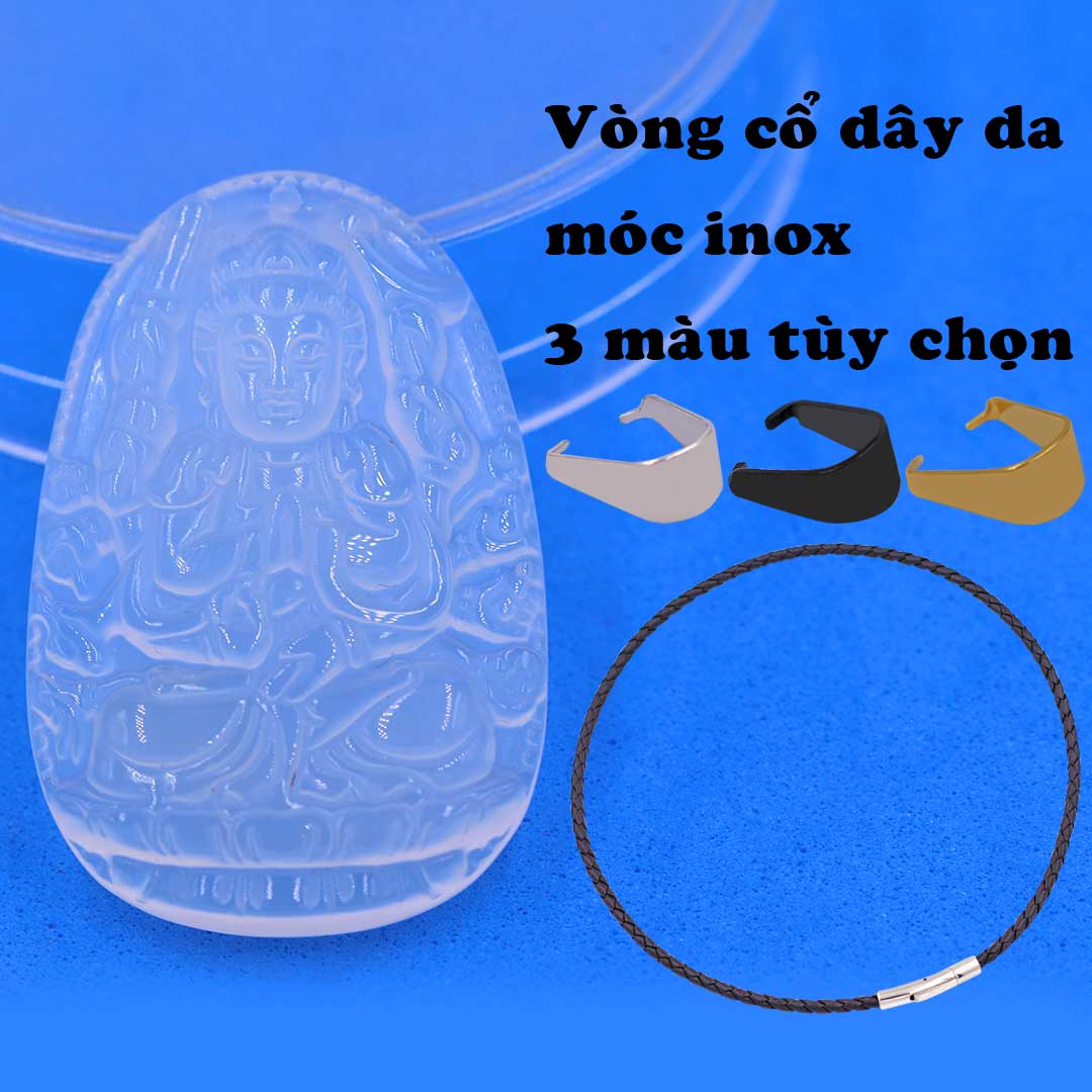Mặt Phật Thiên thủ thiên nhãn mã não trắng kèm vòng cổ dây da đen + móc inox trắng, mặt dây chuyền Phật bản mệnh, vòng cổ mặt Phật