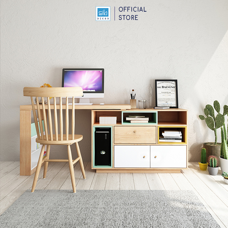 Bàn Làm Việc Tại Nhà Sáng Tạo Kèm Tủ Sách Phong Cách Bắc Âu Thương Hiệu SIB Decor