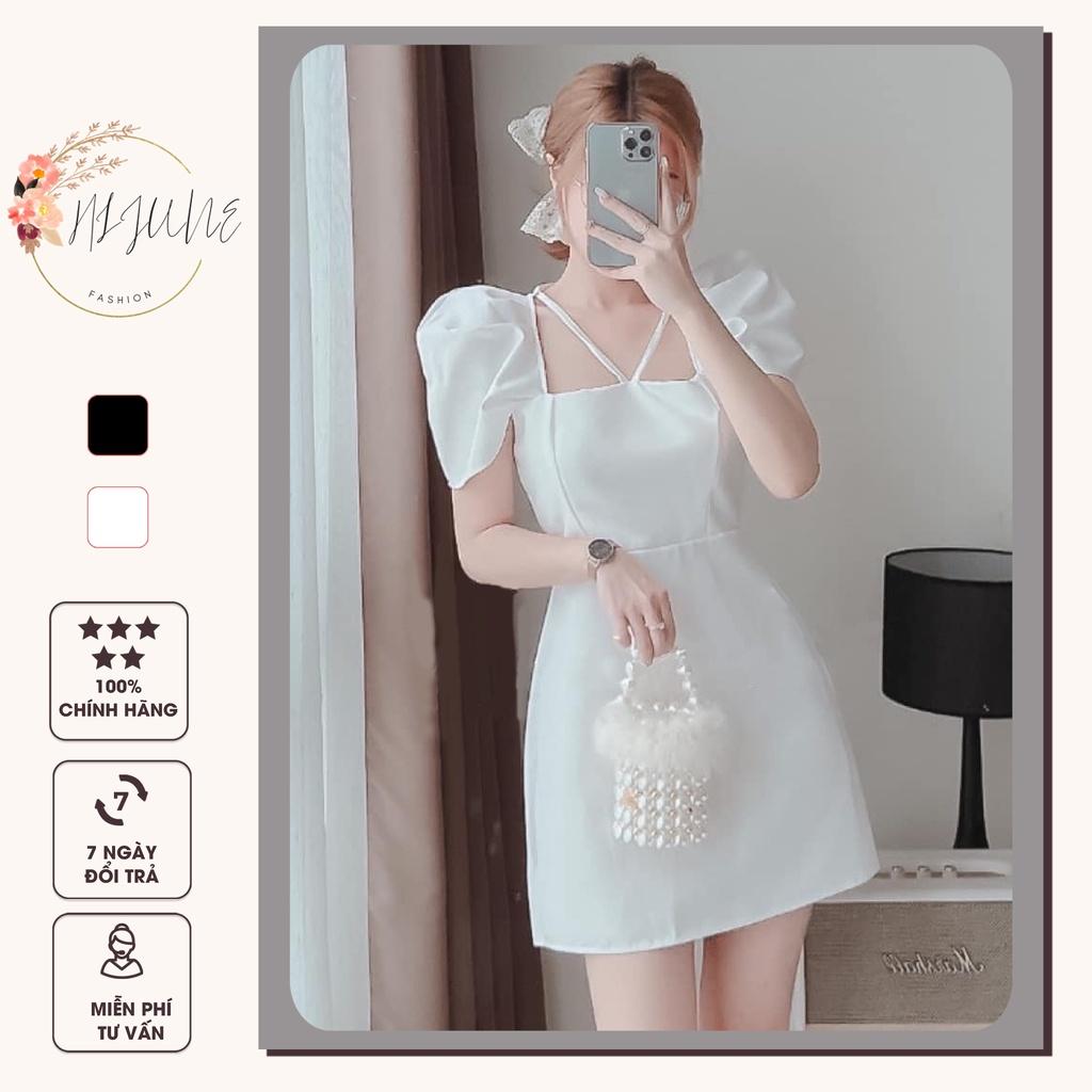 Đầm cổ vuông tay ngắn váy dự tiệc chữ A tay bồng HIJUNE VD06