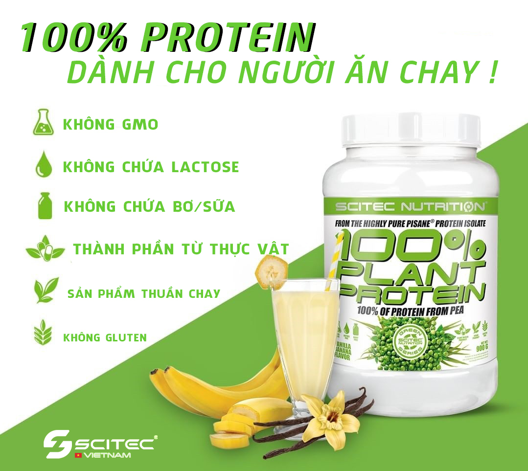 Sữa tăng cơ 100% Plant Protein - Scitec Nutrition - Thuần Chay, Bổ Sung Đạm Cho Người Ăn Chay Hoặc Dị Ứng Sữa