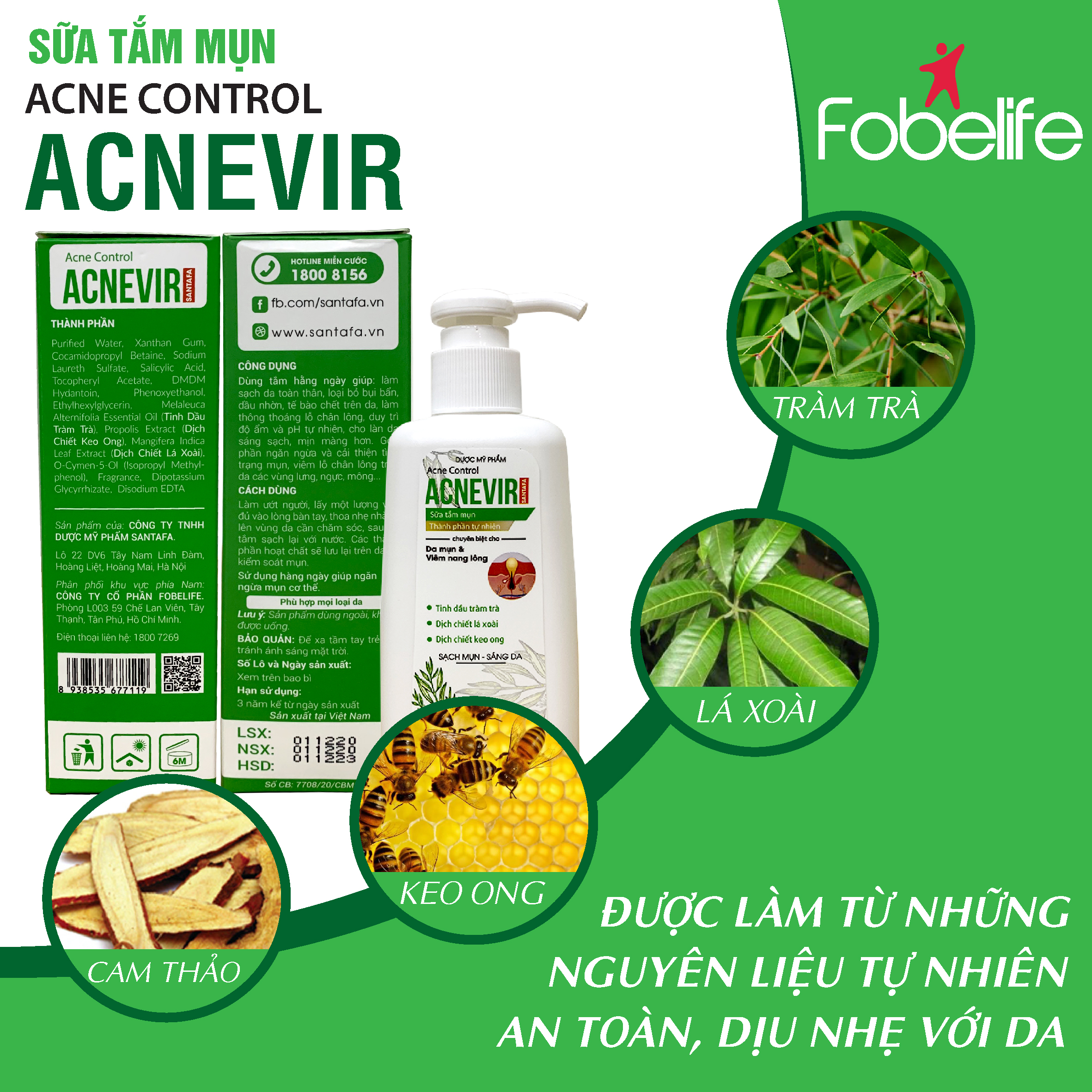 Sữa Tắm Từ Thiên Nhiên Dành Cho Da Mụn Hỗ Trợ Giảm Viêm Nang Lông Mụn Lưng ACNEVIR - Chai 210 ml