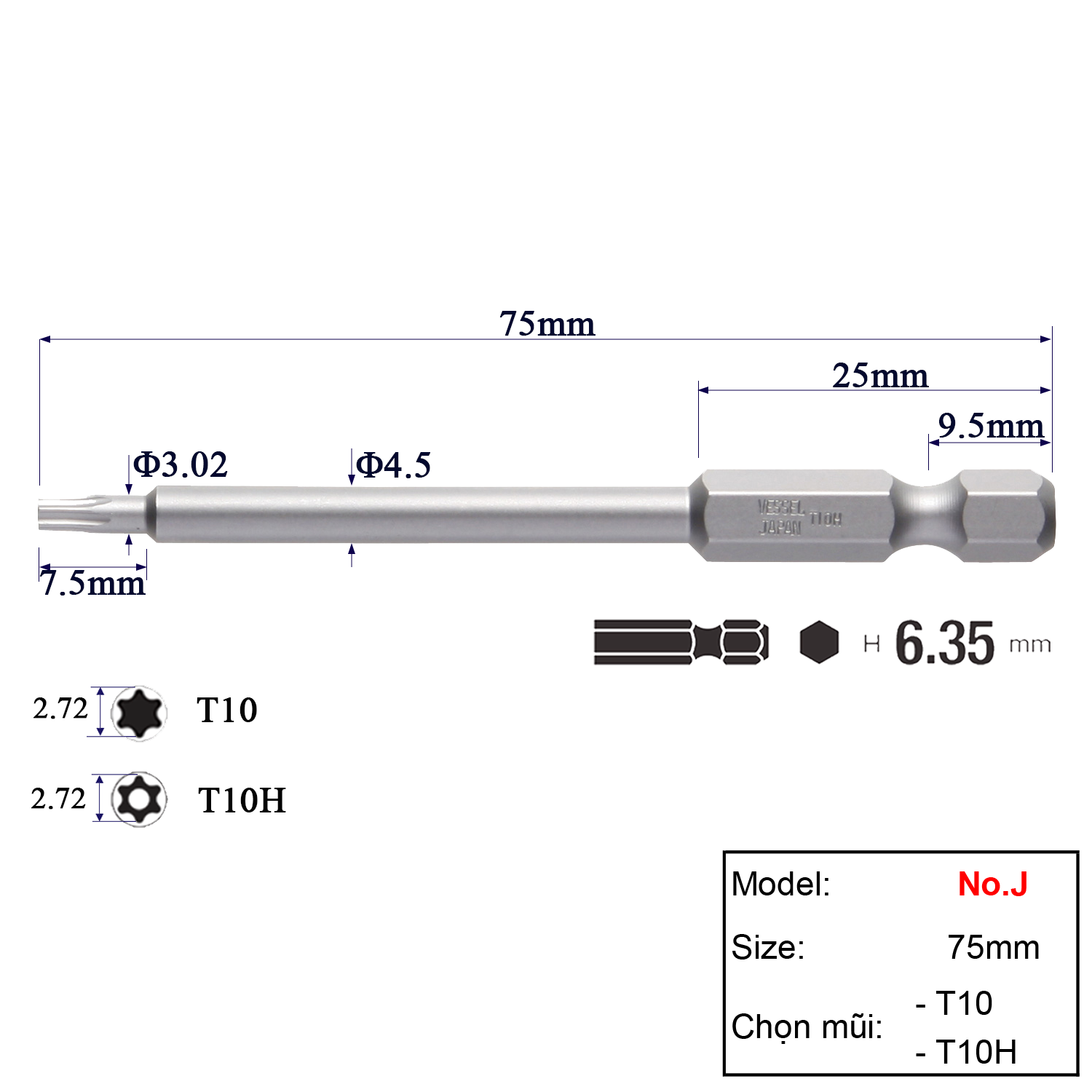 Mũi vặn vít đầu hoa khế T10/T10H chuôi lục giác H = 6,35 Vessel (Nhật Bản