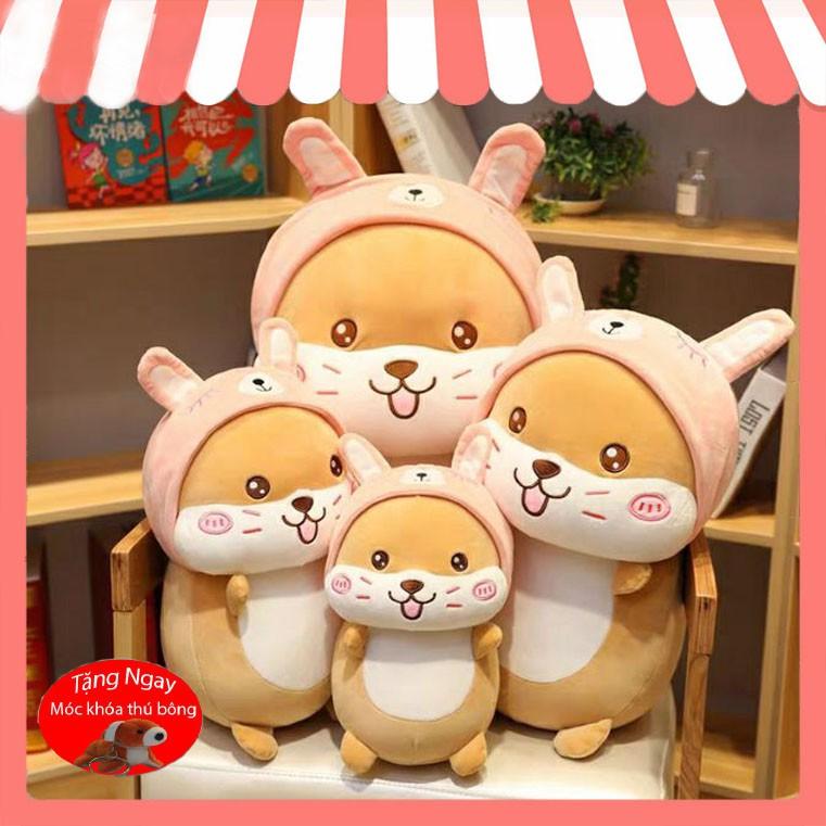 Gấu bông gối ôm chuột hamster mũ hồng vải co dãn 4 chiều Hàn Quốc - GB21