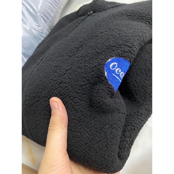 Áo khoác hoodie lông có mũ tay bồng nữ màu đen logo xanh