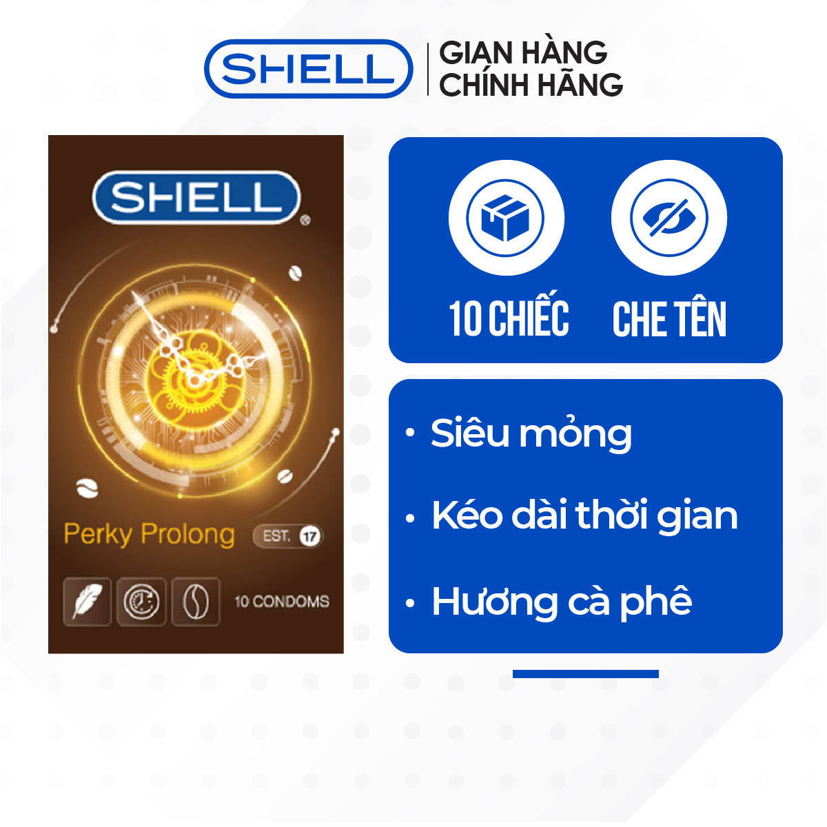 [Hộp 10 cái] Bao cao su Shell Perky Prolong kéo dài thời gian, hương cà phê