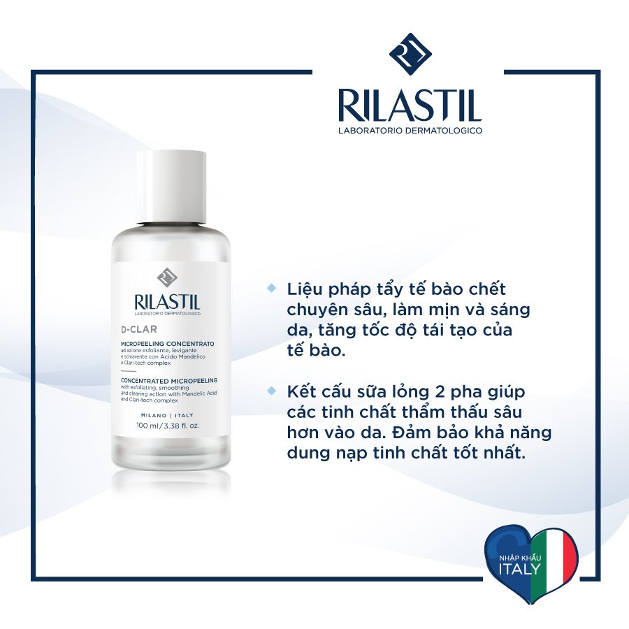 SỮA TẨY TẾ BÀO CHẾT CÔNG THỨC 2 PHA TÁI TẠO VÀ PHỤC HỒI DA RILASTIL 100 ML - D-CLAR CONCENTRATED MICROPEELING