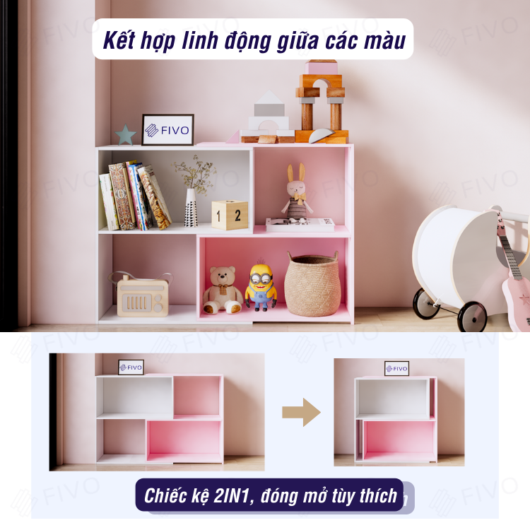 Kệ Sách Gỗ Đa Năng Tiện Lợi FIVO FB71 Màu Hồng, Đa Dụng Với Tính Năng 2IN1 Kéo Mở Tùy Thích, Dễ Dàng Lắp Ráp