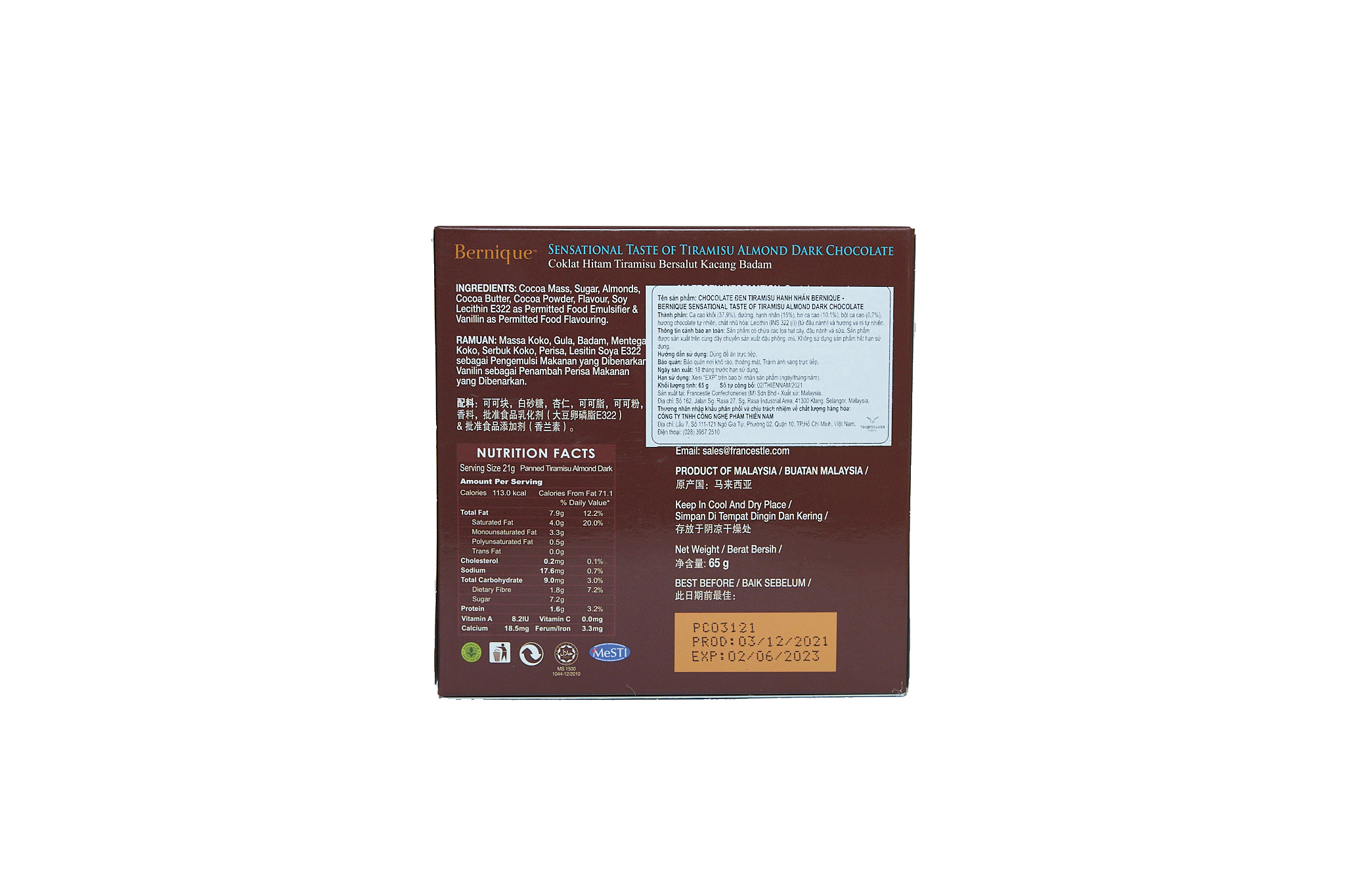 Chocolate Đen Tiramisu Hạnh Nhân Bernique Malaysia- Chocolate Tiramisu Almond Dark Berniqe 65g/1box