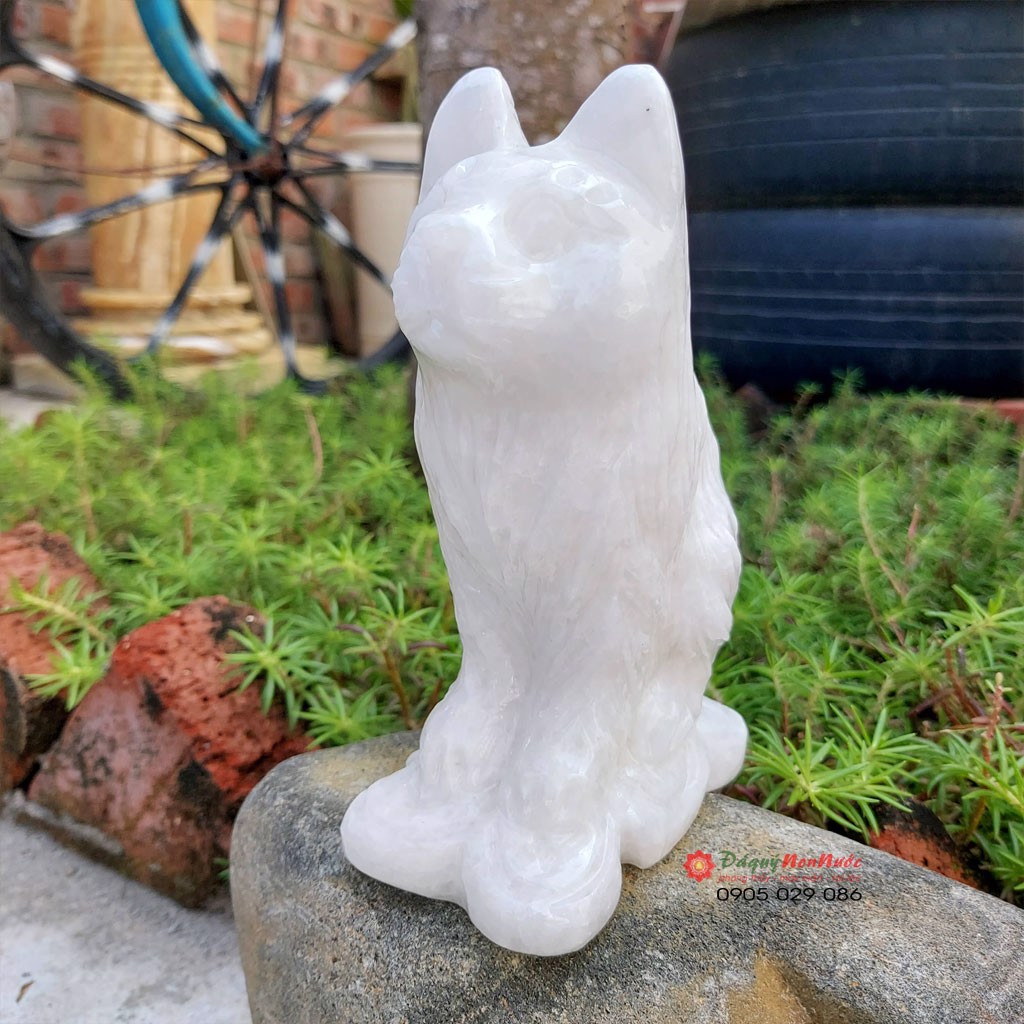 Tượng đá mèo 12 con giáp phong thủy đá trắng 15cm đá Non Nước