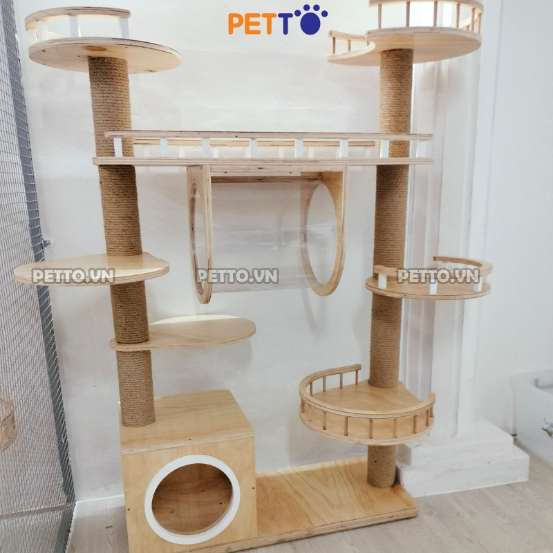 Cattree bằng GỖ cho mèo THÁP ĐÔI kết hợp LỒNG KÍNH cao 1m7 cho nhà nhiều mèo CH047