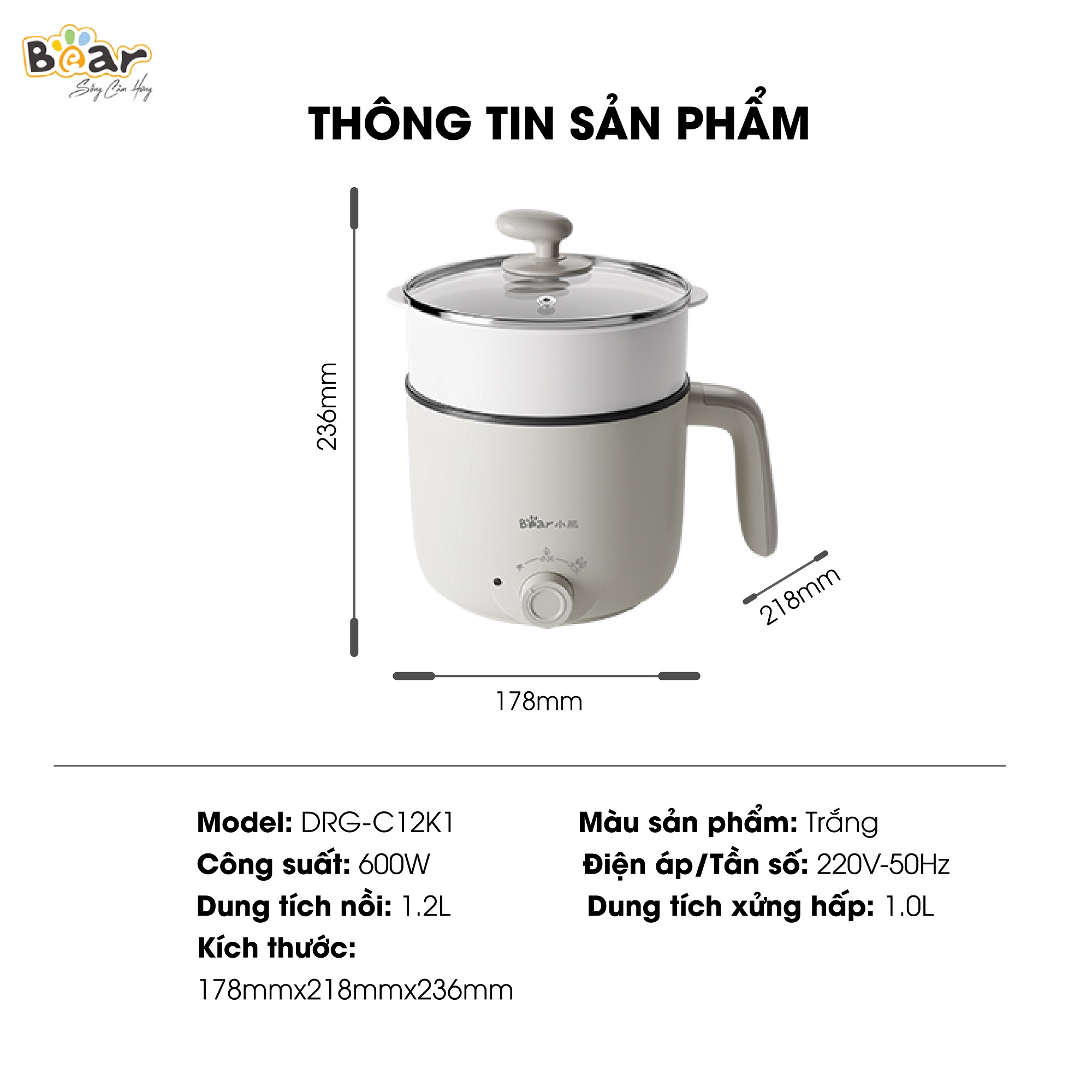 Nồi Lẩu Mini Đa Năng 1,2L Bear Lẩu 2 tầng Vật Liệu Chống Dính An Toàn C12K1 - Hàng nhập khẩu