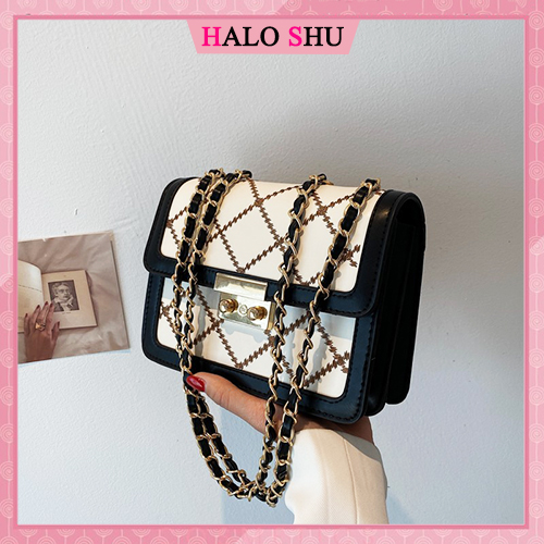 Túi xách nữ, túi đeo chéo dây phối xích, họa tiết thêu trám cao cấp HALO SHU mã DC003