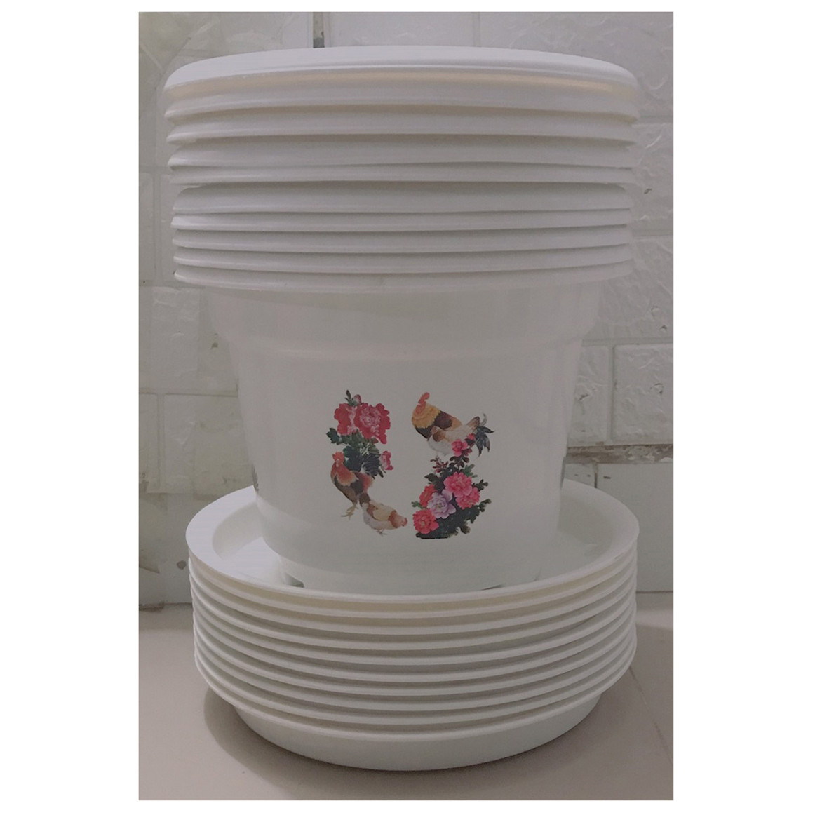 Combo 10 Châu Nhựa AB300 ĐM Bốn Mùa - Muông Thú, Hình Tròn Màu Trắng + 10 Khay  Lót Đế Chậu D270