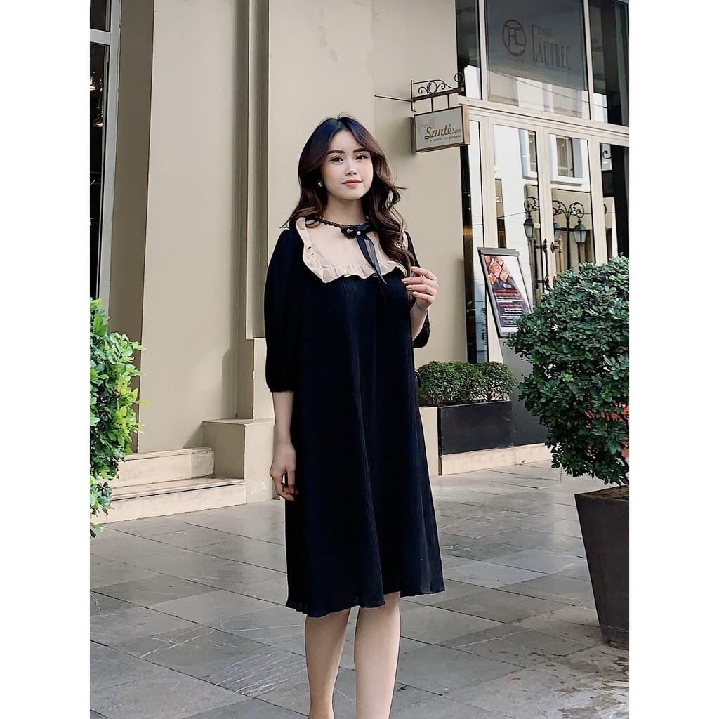 Váy suông xếp li phối cổ bèo đính nơ, dáng đầm xuông rộng freesize 2 màu, mã V938 - Michi's House