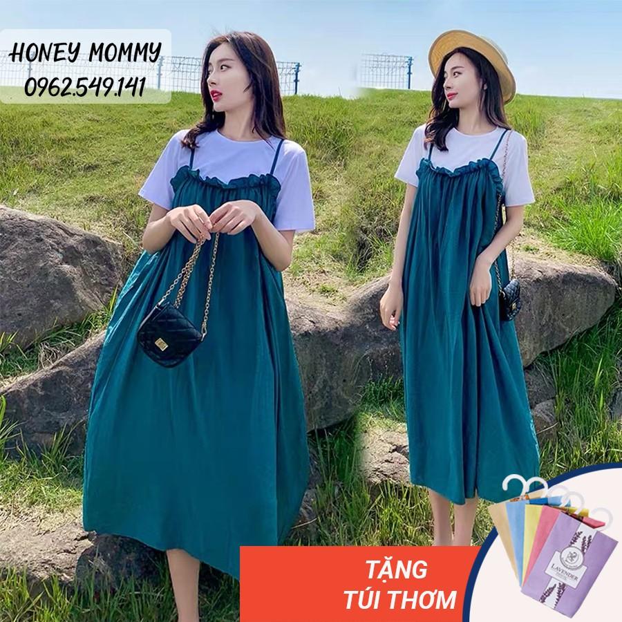 Váy Bầu Yếm 2 Dây Dáng Xòe Váy Bầu Hè Ngắn Tay Dáng Dài Đi Chơi Đi Làm HD2618 Honey Mommy Đầm Bầu Yếm Mùa Hè Vải Mát