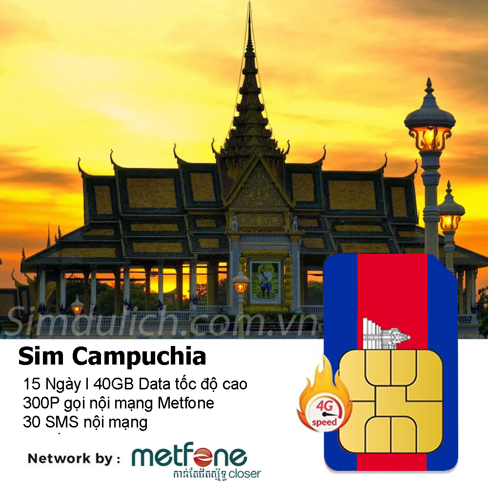 Sim 4G Campuchia 15 ngày, 40GB Data tốc độ cao, Không giới hạn Data tốc độ thường, Có thoại