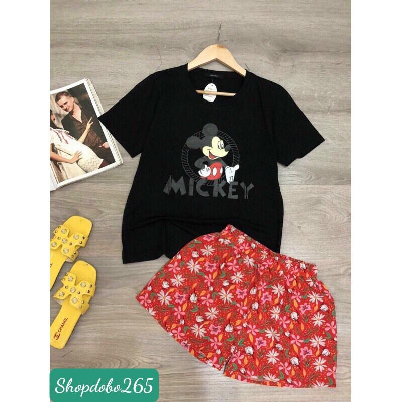 Đồ bộ nữ,đồ ngủ mặc nhà đùi áo thun cotton phối quần vải lụa size 45-57kg.