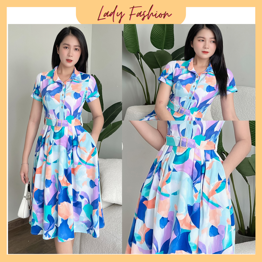 Ladyfashion - Đầm cổ sơ mi họa tiết lập thể sang trọng D085 Khánh Linh Style