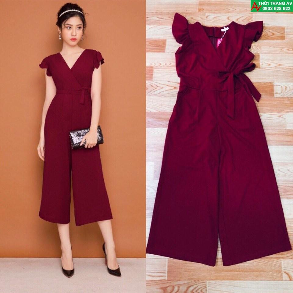 Jumpsuit - Đồ bay lửng ống rộng cổ tim đắp chéo thắt nơ eo xinh xắn - AV5923