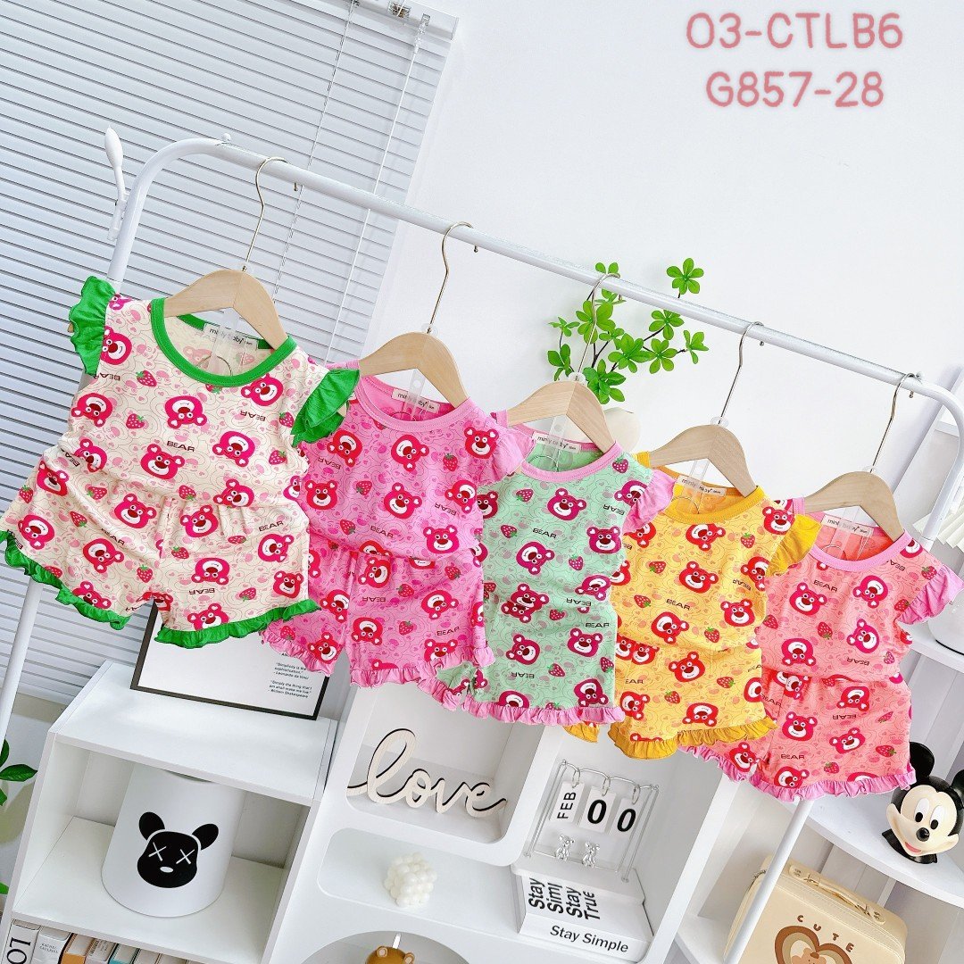 Đồ bộ bé gái, bộ cộc tay mùa hè cho bé gái hình Gấu dâu size 5-16kg chất cotton mềm mịn mát