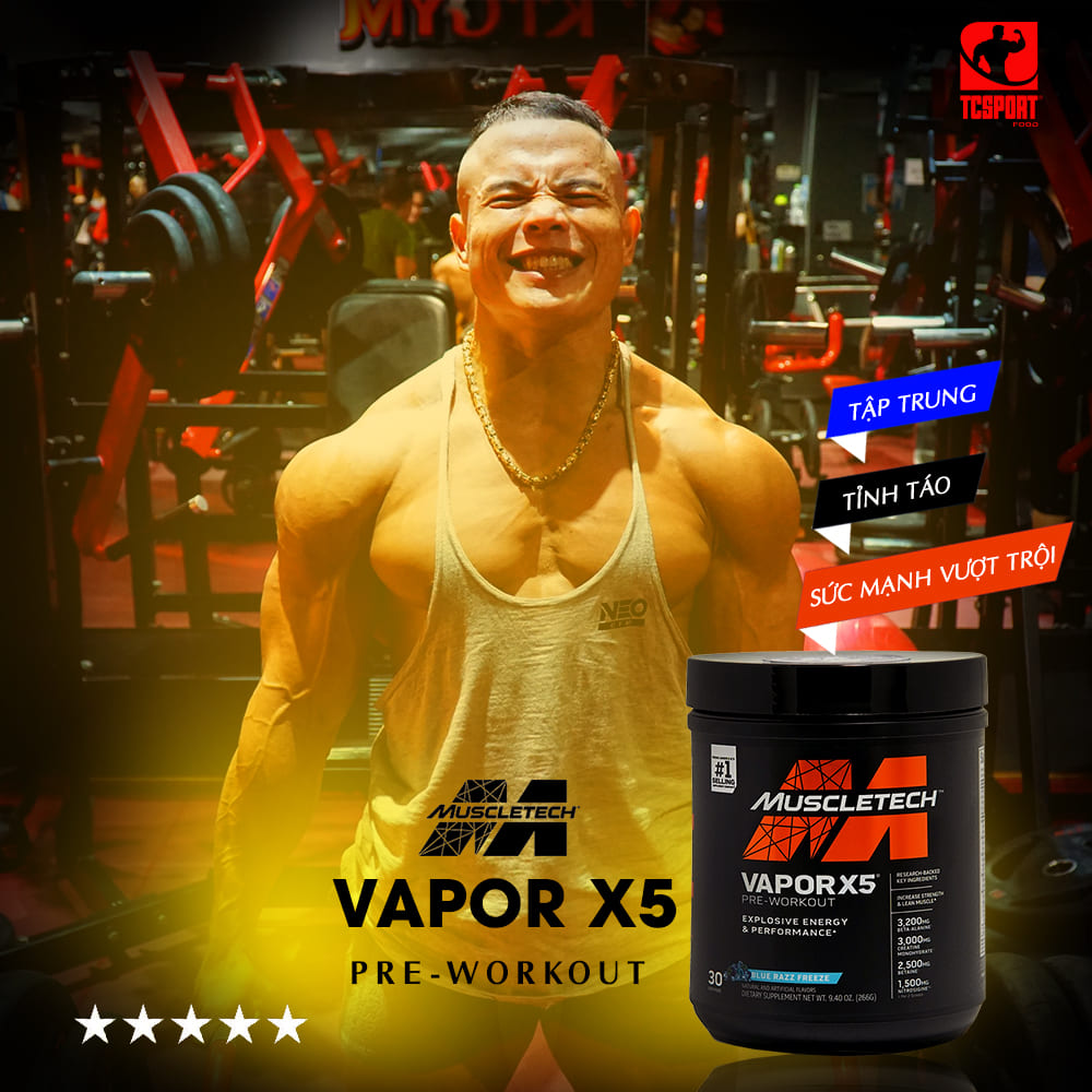 Thực phẩm bổ sung Pre-Workout Vapor X5 của MuscleTech - Nhãn đen mới mạnh mẽ - Hỗ trợ tăng sức mạnh, sức bền, tăng sự tập trung tỉnh táo cho người tập luyện thể hình và thể thao – 30 lần dùng