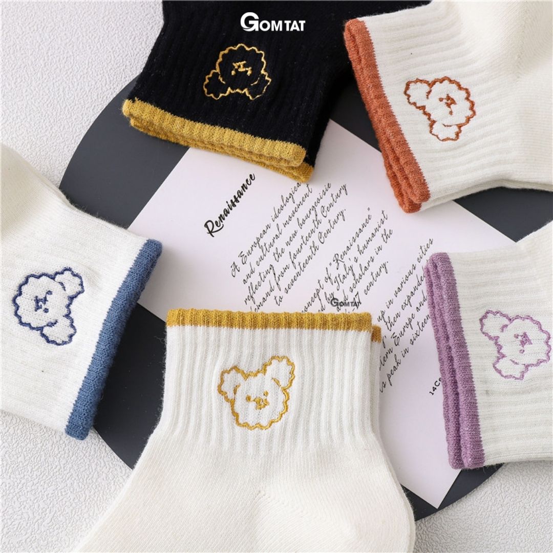 Vớ Nữ Cổ Ngắn Cao Cấp Họa Tiết Cute, Tất Nữ Cotton mềm mịn, thoáng mát khử mùi - Hình Gấu