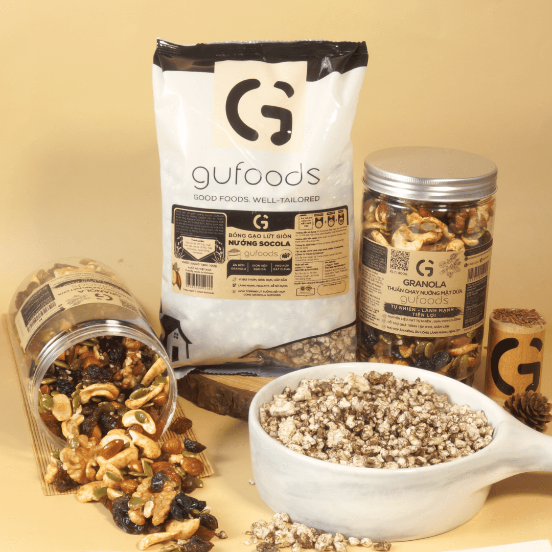 Bỏng gạo lứt giòn nướng socola GUfoods - Ăn kèm granola, Giòn xốp đậm đà, Giàu chất xơ, Thuần chay, Eat clean