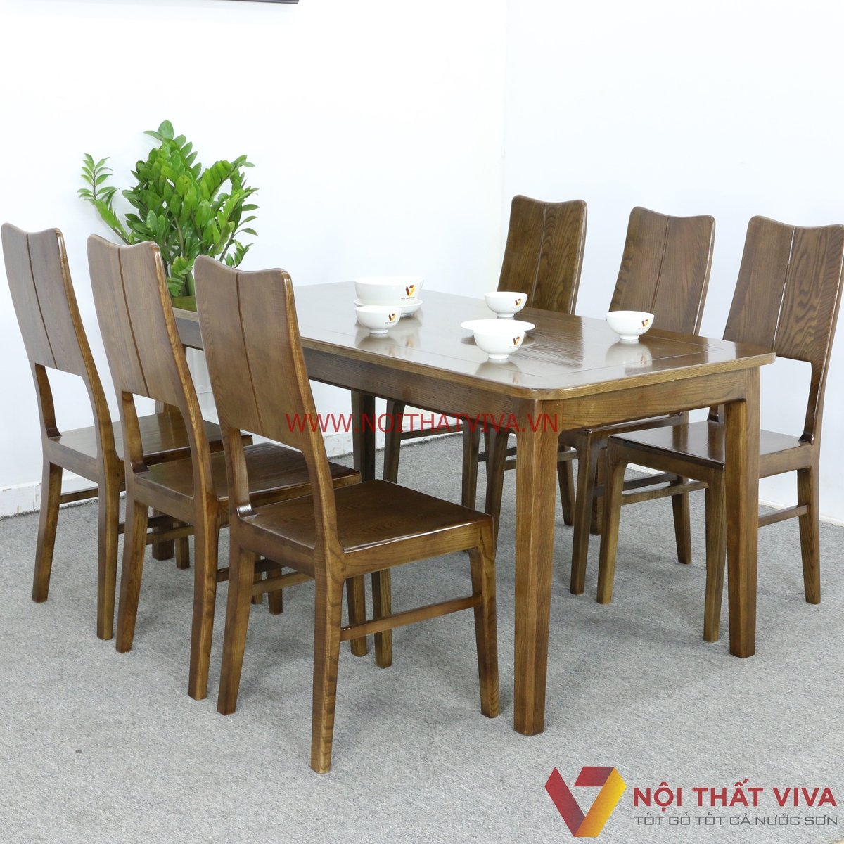 Bộ Bàn Ăn Gỗ Sồi Nga 6 Ghế Màu Óc Chó Hiện Đại Đẹp Rẻ