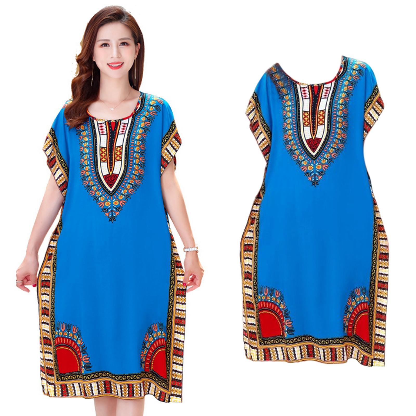 Women's Fashion Beach Holiday Dress Boho Elegant Ethnic Dress Loose Tunic Blue