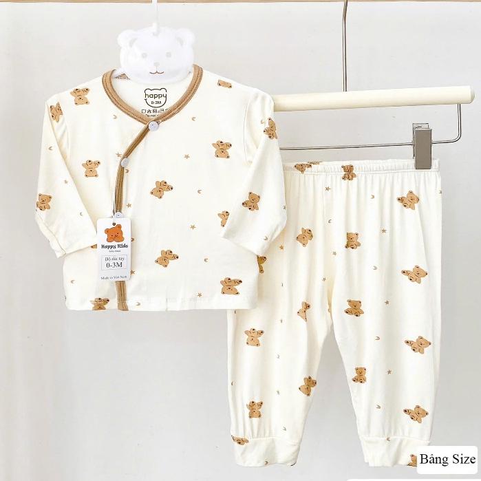 [3-8kg] Bộ Quần Áo Sơ Sinh Dài Tay Thun Lạnh NỀN KEM VIỀN NÂU Mềm, Mát, Có Đáp Đũng Mặc Tã Thoải Mái - Gấu Sao