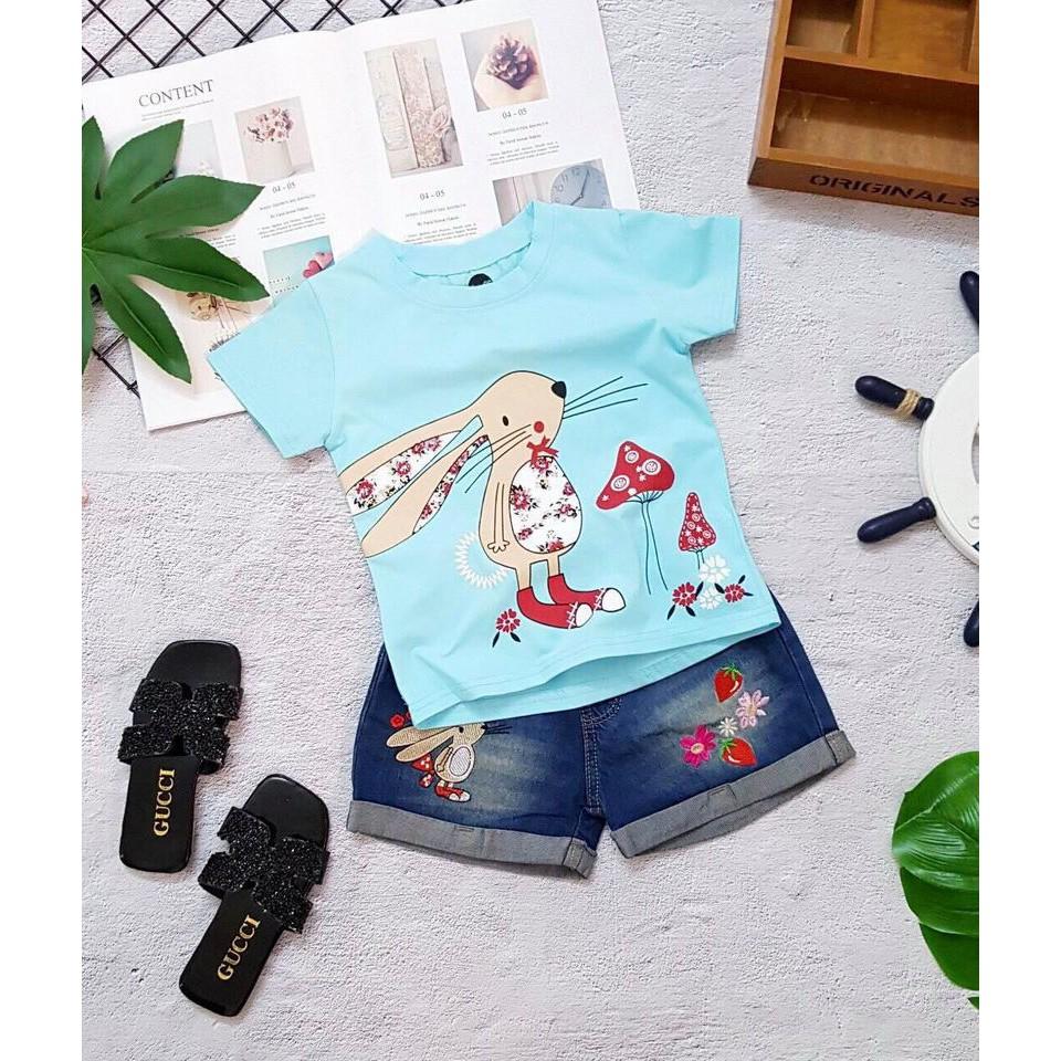 SIZE NHỎ _SÉT ÁO THUN CON THỎ PHỐI QUẦN SHORT JEAN