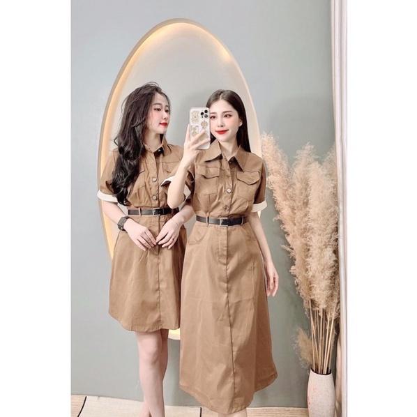 FREE SHIP Váy kaki nâu kèm đai, Váy thiết kế cao cấp KIM GIA DS