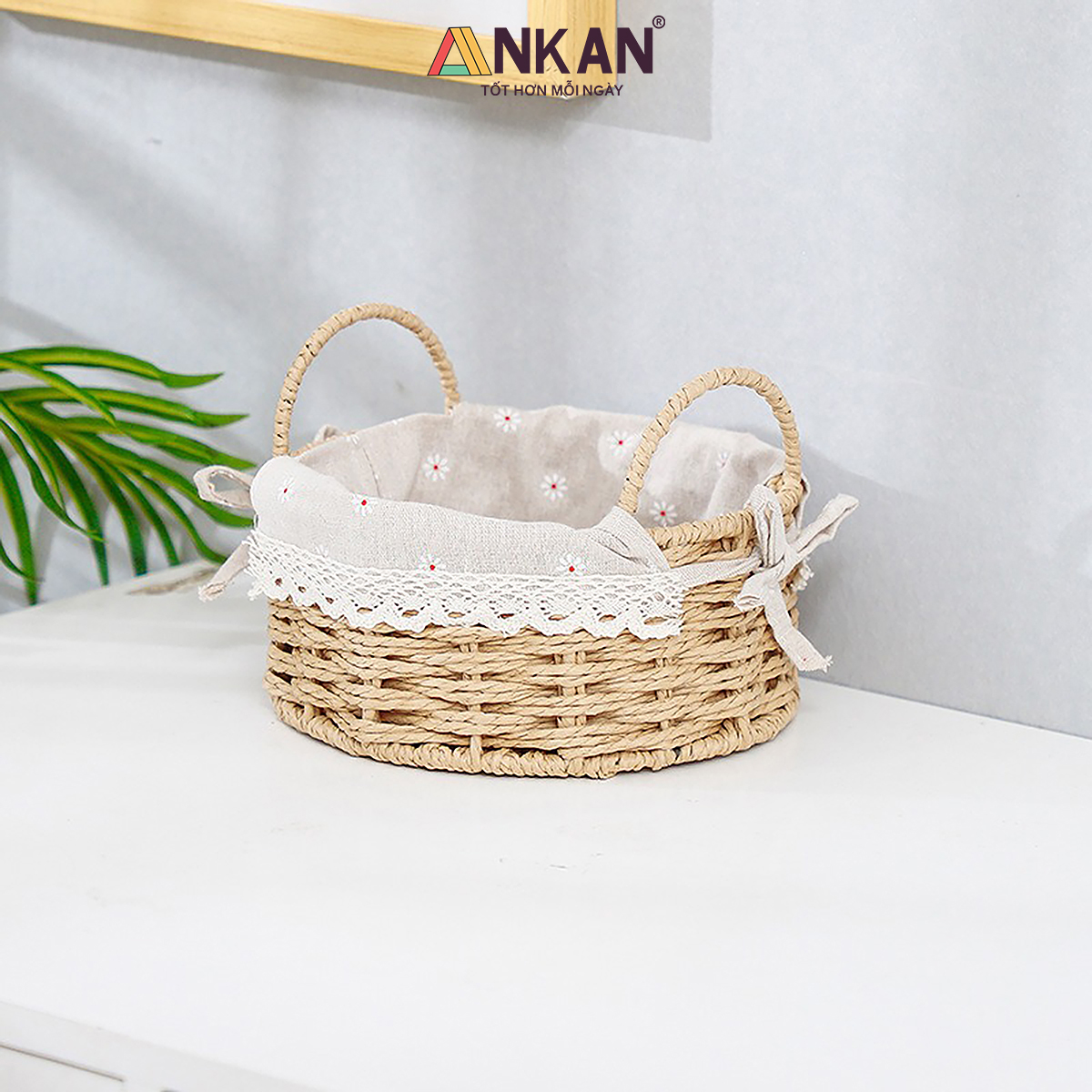 Giỏ Picnic Hình Tròn Có Quai – Đan Tay Thủ Công, Lót Vải Hoa Vintage, Giỏ Đựng Đồ Trang Trí Xinh Xắn