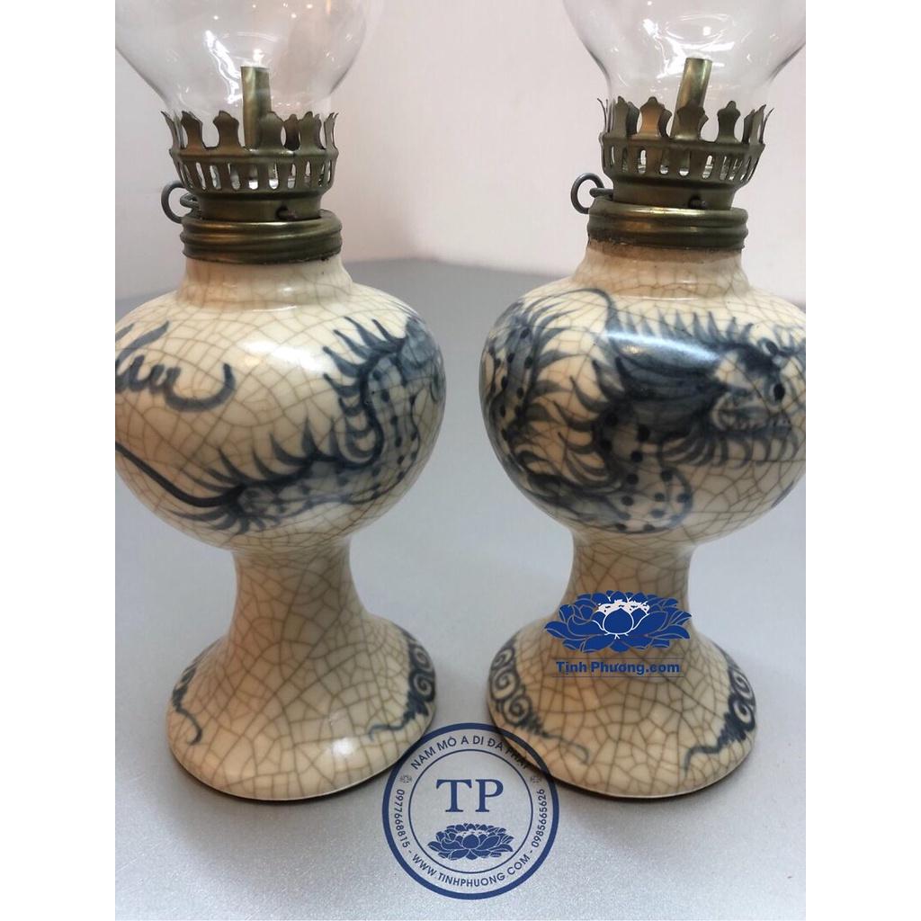 ĐÔI ĐÈN THỜ ĐỐT DẦU MEN RẠN VẼ RỒNG KH18246