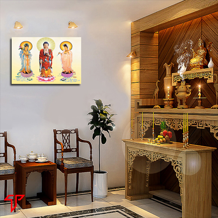 Tranh gỗ treo tường hình phật trang trí nhà cửa, nơi thờ cúng mẫu tam thánh, quan thế âm bồ tát, Tranh Phật Giáo Tam Thánh 2402
