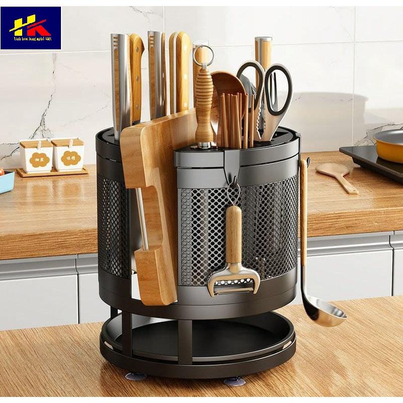 Kệ để dao thớt tròn, Giá đựng đồ đa năng xoay 360 độ chất liệu thép không gỉ - Hồng Kỳ