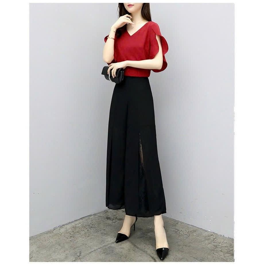 Set Bộ Áo Kiểu Quần Ống Rộng Phối Ren - Set Bộ Hàng Thiết Kế Cao Cấp