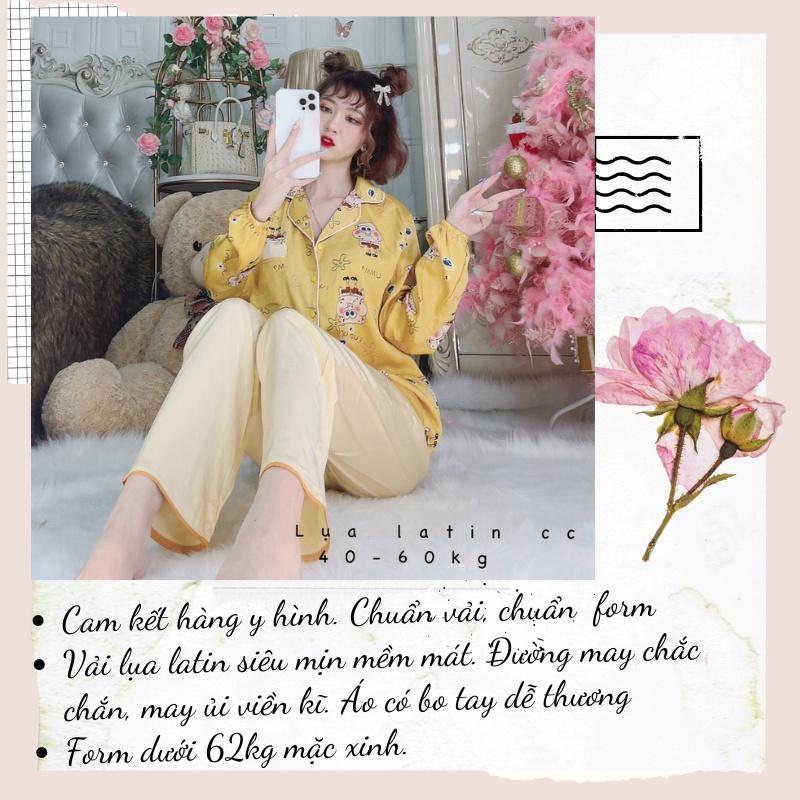 Đồ ngủ mặc nhà Pijama tiểu thư, chất lụa latin cao cấp mềm mịn mát - Freesize dưới 60 kg, tay dài quần dài