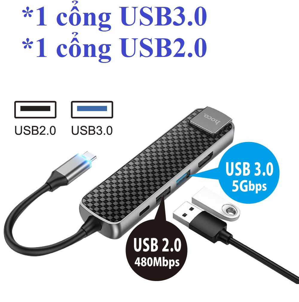 Hub / bộ chia cổng type-C 5 in 1 cho laptop hoco HB23 _ Hàng chính hãng