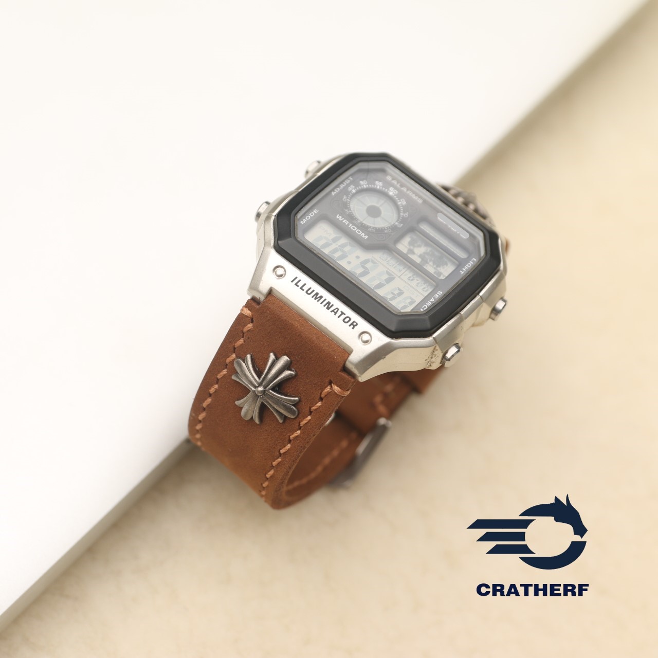 Hình ảnh Dây da thay thế dành cho đồng hồ Casio AE1200 da bò sáp nâu Vàng Bò Rivet Handmade