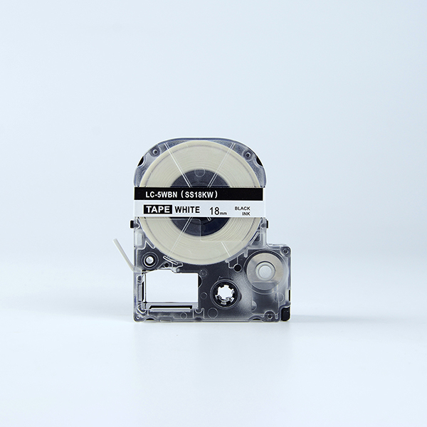 Tape nhãn in tương thích SS18KW (LC-5WBN) dùng cho máy in nhãn KingJim SR &amp; EPSON LW (chữ đen nền trắng, 18mm)